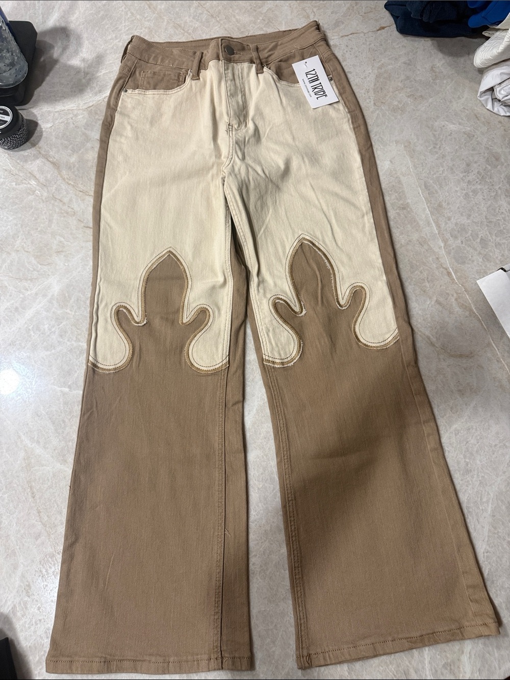 12th Tribe Two-Tone Brown and Cream Boot-Cut Jeans
